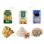 Automatisk påse med platt botten som bildar fyllning av etikettförpackningar för spannmål